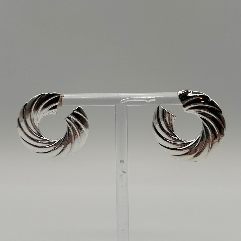 Silver Tone Pierced Earrings Statement Flat C Disc Textured Swirl Stud